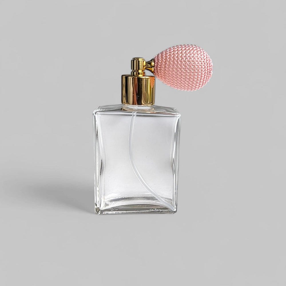 Clear glass 60ml perfume atomizer with Pink Bulb & Gold fitting