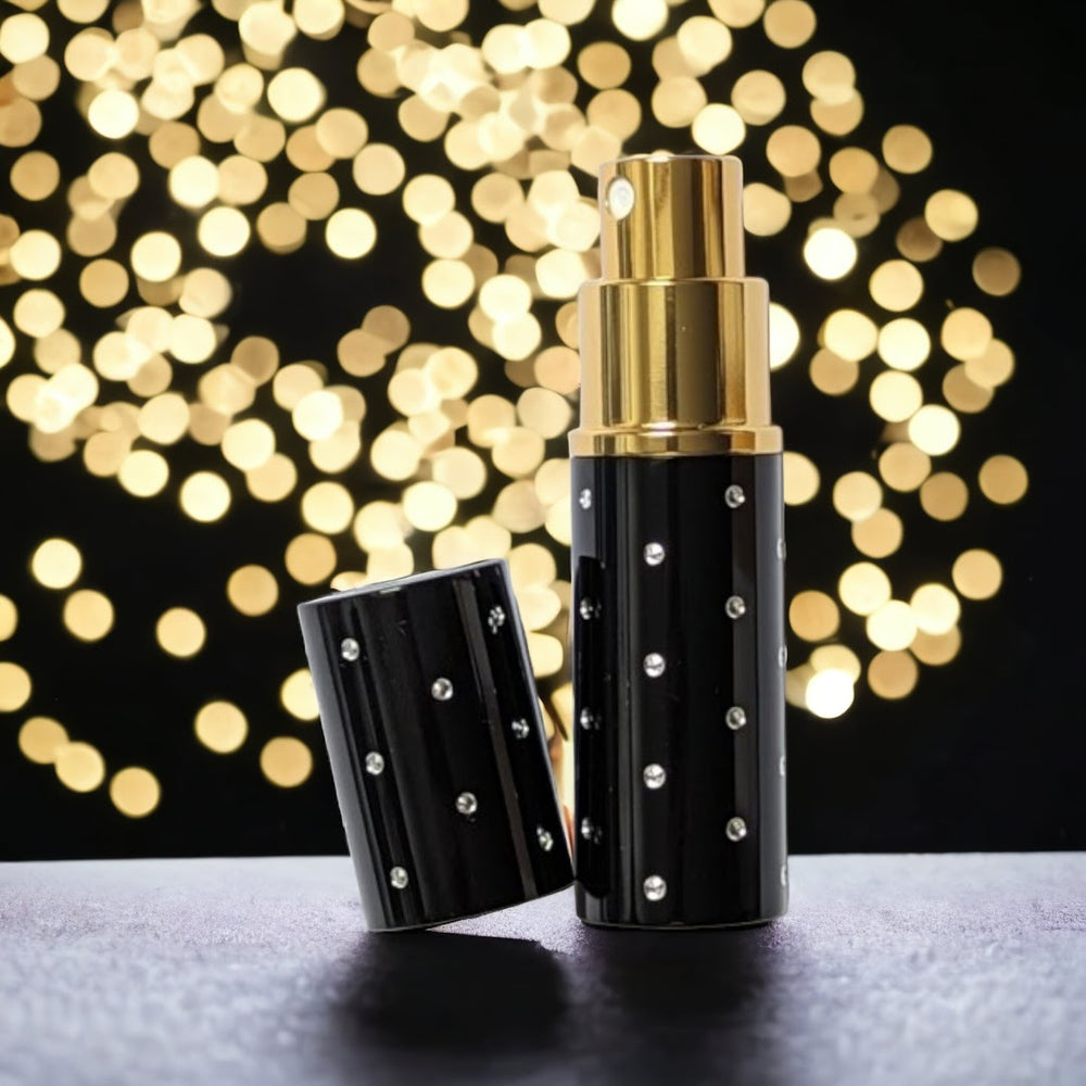Elegant black & gold 8ml atomizer with silver dots