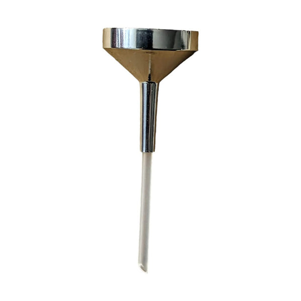 small aluminium funnel with plastic tube extension on white background