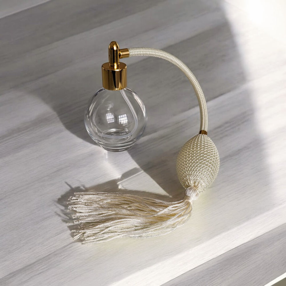 Clear glass 78ml round bottle perfume atomizer with Ivory tassel & Gold fitting