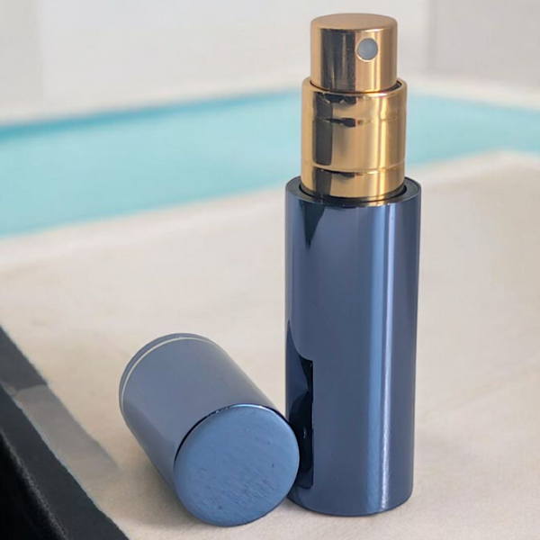 essential atomizer blue halo 5ml easy fill perfume atomizer spray with lid off on surface