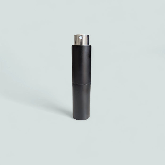 essential atomizer easy fill black twist up 8ml with silver spray head side view