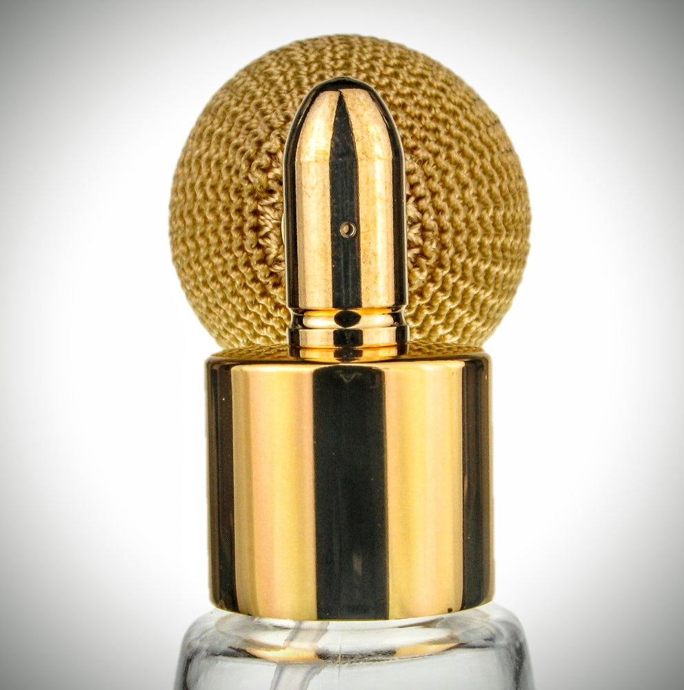 Clear glass 78ml round bottle perfume atomizer with Gold Bulb & Gold fitting