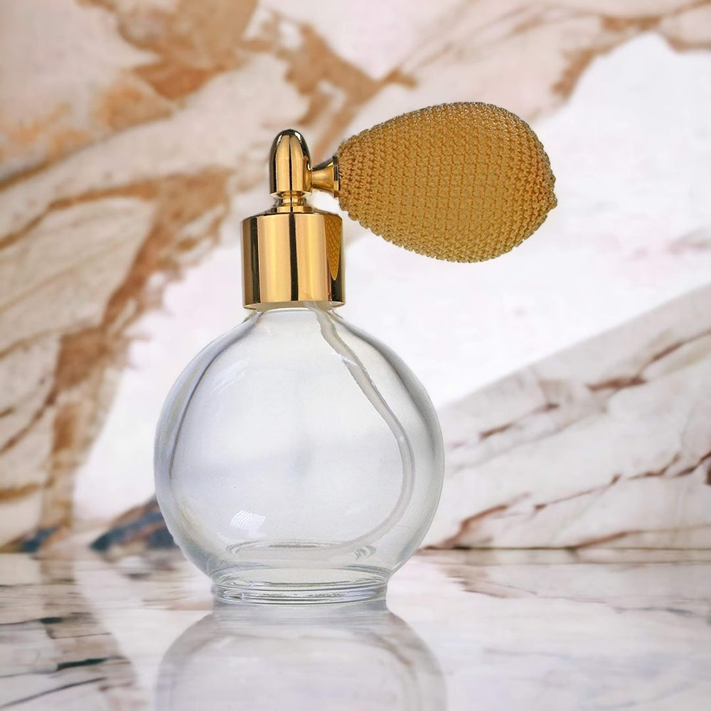 Clear glass 78ml round bottle perfume atomizer with Gold Bulb & Gold fitting
