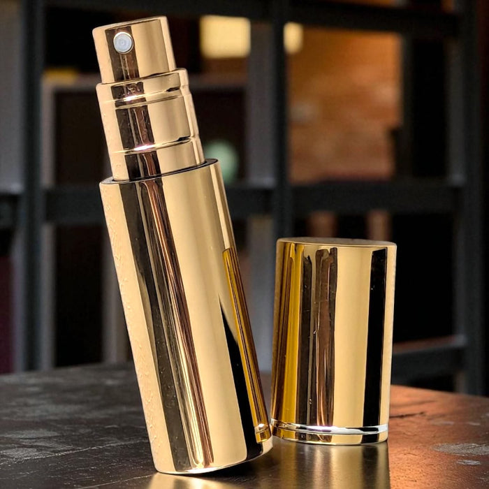 essential atomizer gold halo 5ml easy fill perfume atomizer spray with lid off