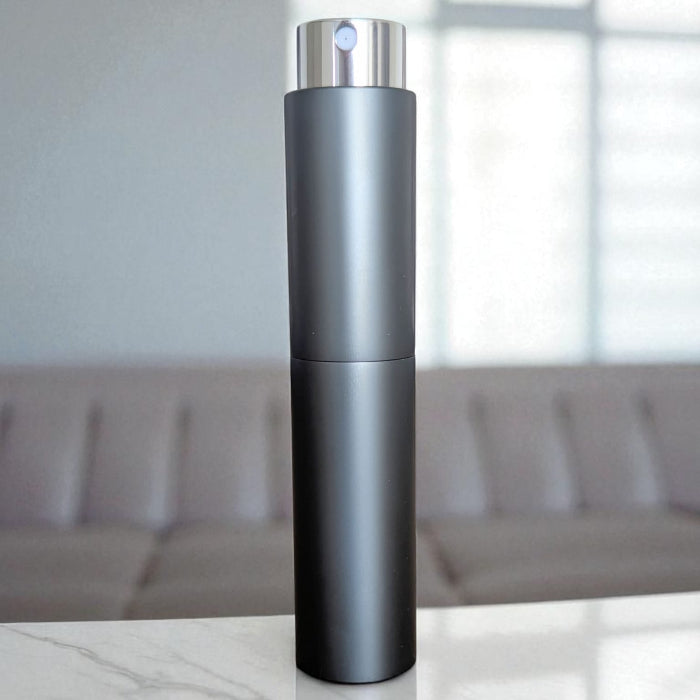 essential atomizer sleek grey twist up 8ml perfume atomizer side view open