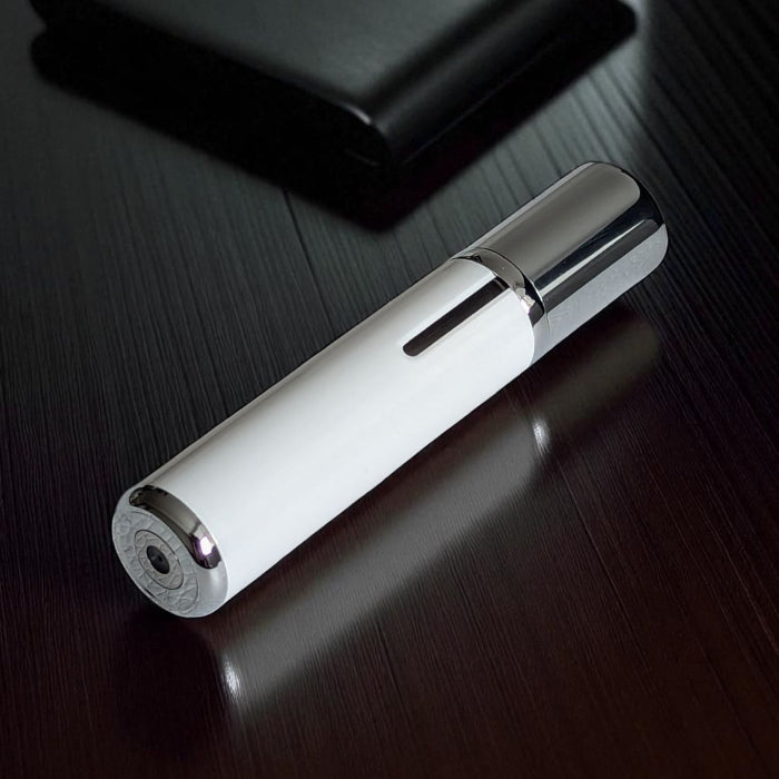 vapora white easy fill perfume atomizer with lid on on dark wood surface
