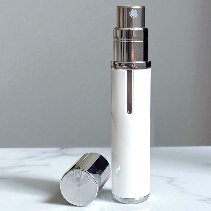 vapora white easy fill perfume atomizer with lid off on marble top