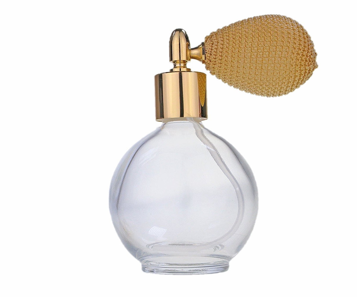 Clear glass 78ml round bottle perfume atomizer with Gold Bulb & Gold fitting