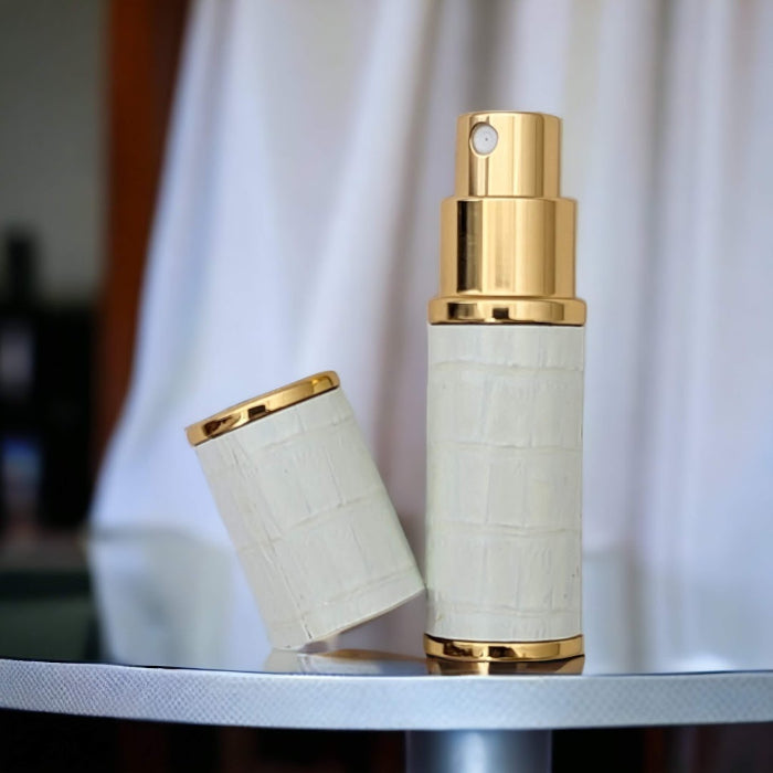 white 10ml crocodile style perfume atomizer with gold metal 